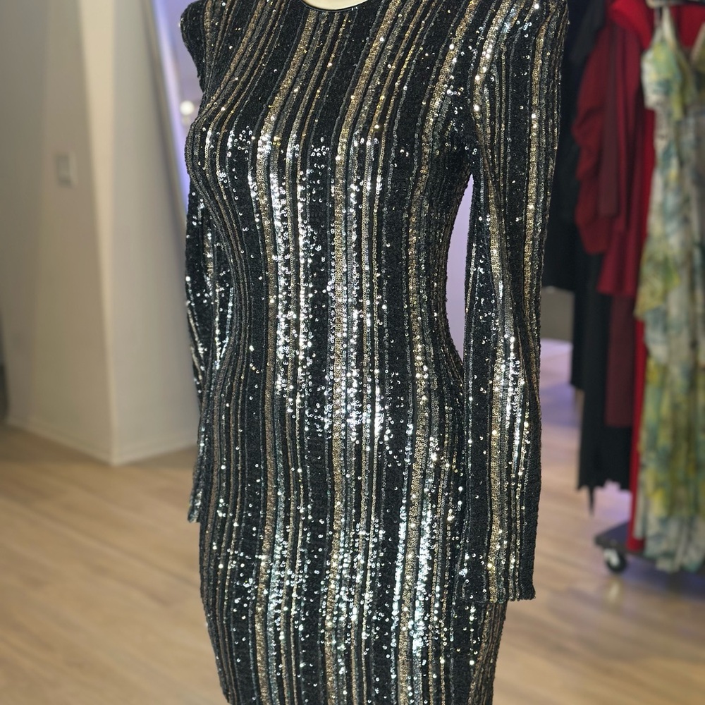 Aqua Green and Silver Sequin Long Sleeve Bodycon Dress